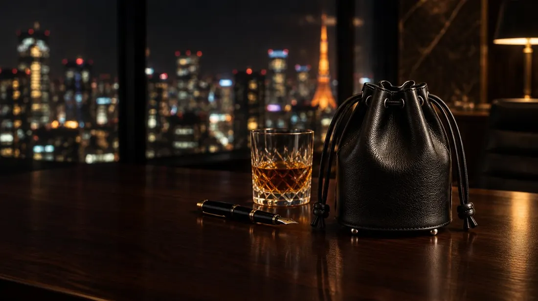夜景の見えるバーカウンターに置かれたVAROGの革の巾着